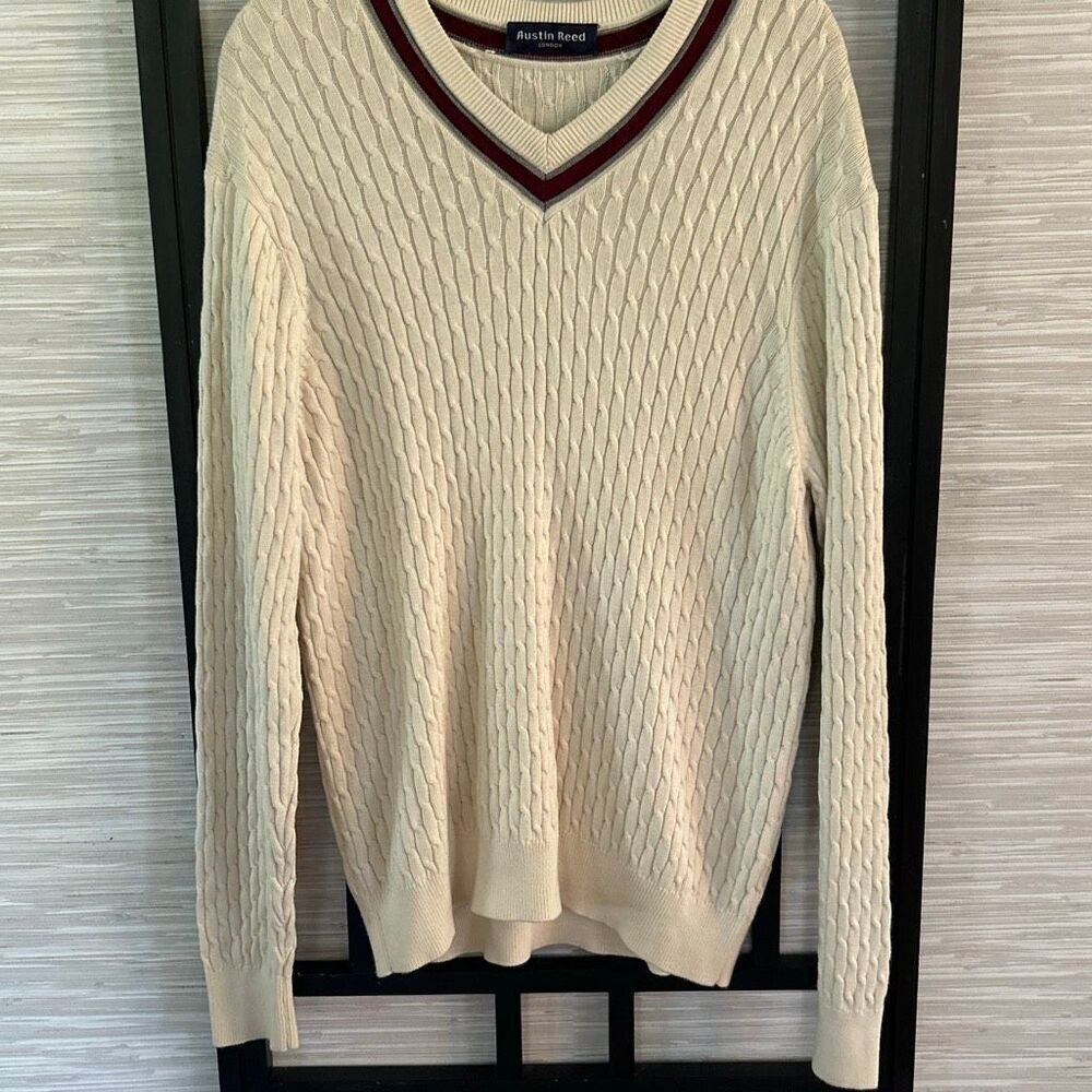 Austin Reed London silk cotton cashmere V-neck cream cable knit sweat sweater lo